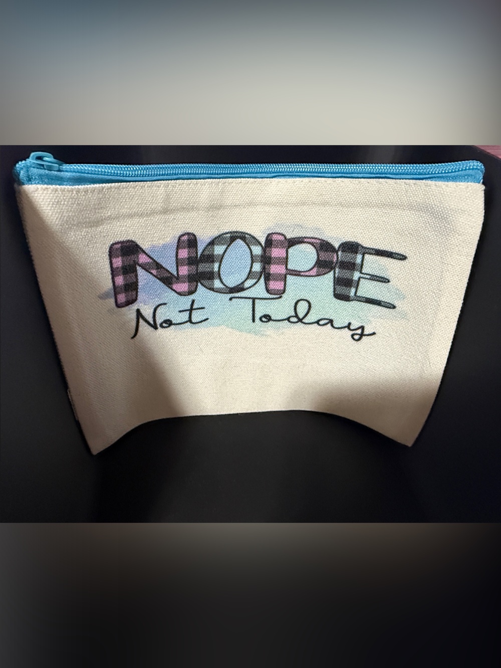 NEW White Canvas Zip Pouch with Blue Trim - NOPE Not Today